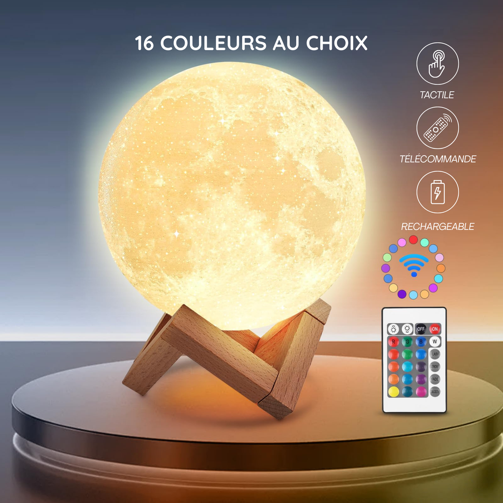 Veilleuse Lune 3D  – Lumière réglable, batterie rechargeable, impression 3D réaliste