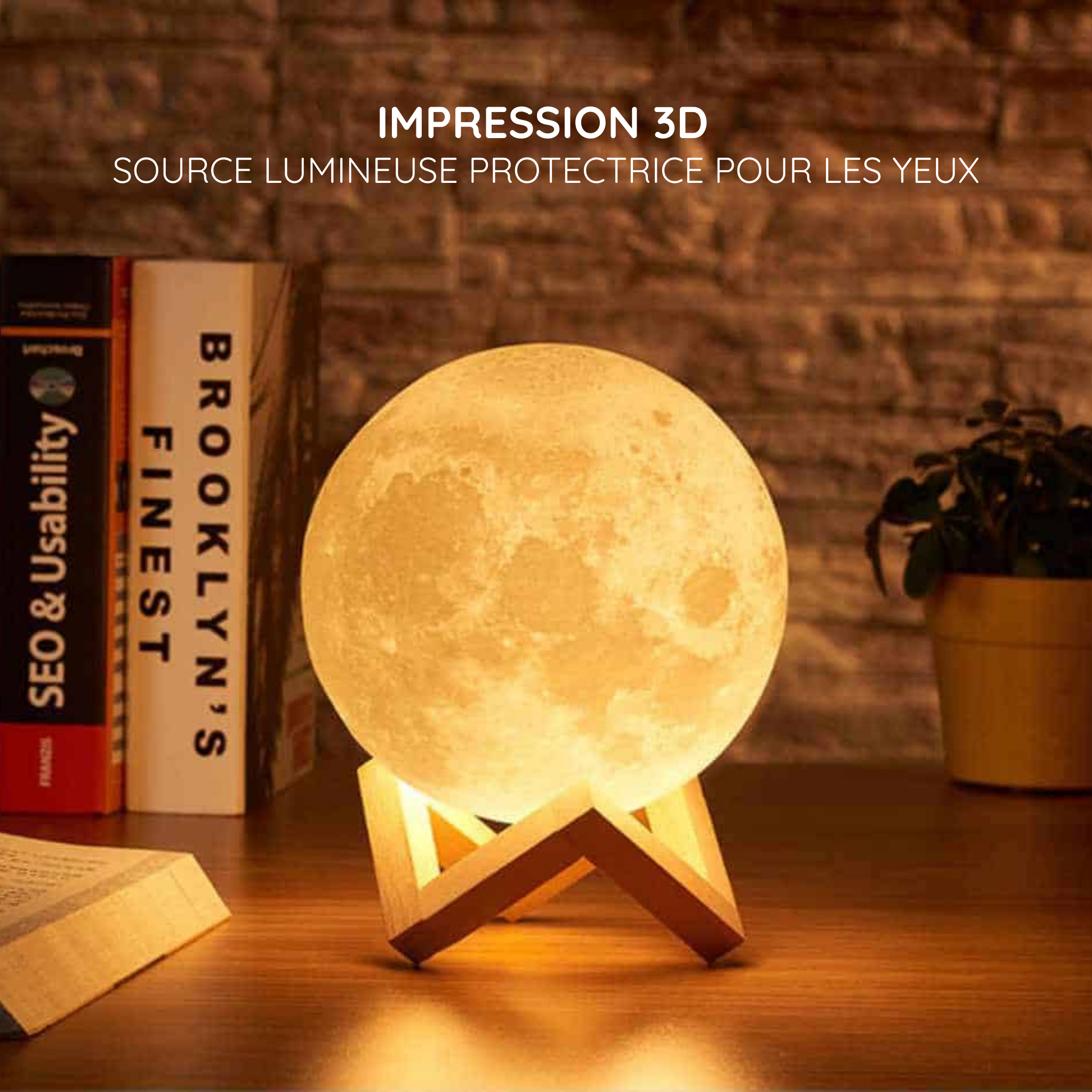 Veilleuse Lune 3D  – Lumière réglable, batterie rechargeable, impression 3D réaliste