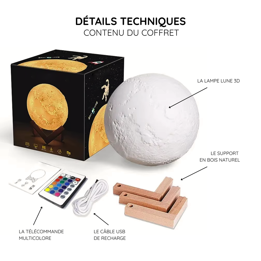 Veilleuse Lune 3D  – Lumière réglable, batterie rechargeable, impression 3D réaliste