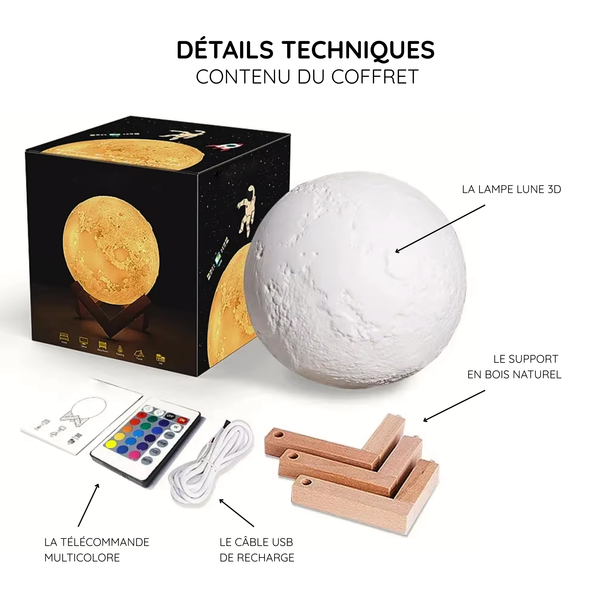 Veilleuse Lune 3D  – Lumière réglable, batterie rechargeable, impression 3D réaliste