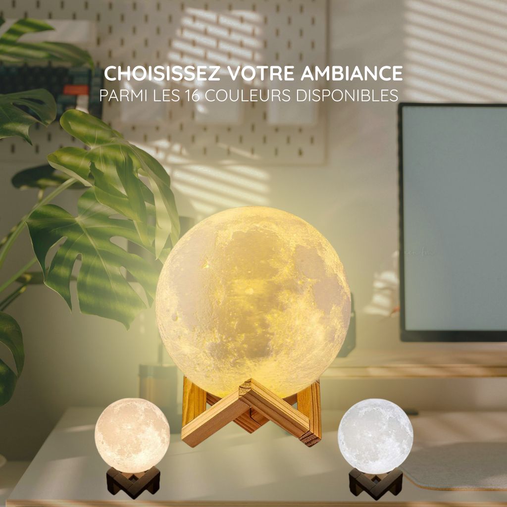 Veilleuse Lune 3D  – Lumière réglable, batterie rechargeable, impression 3D réaliste