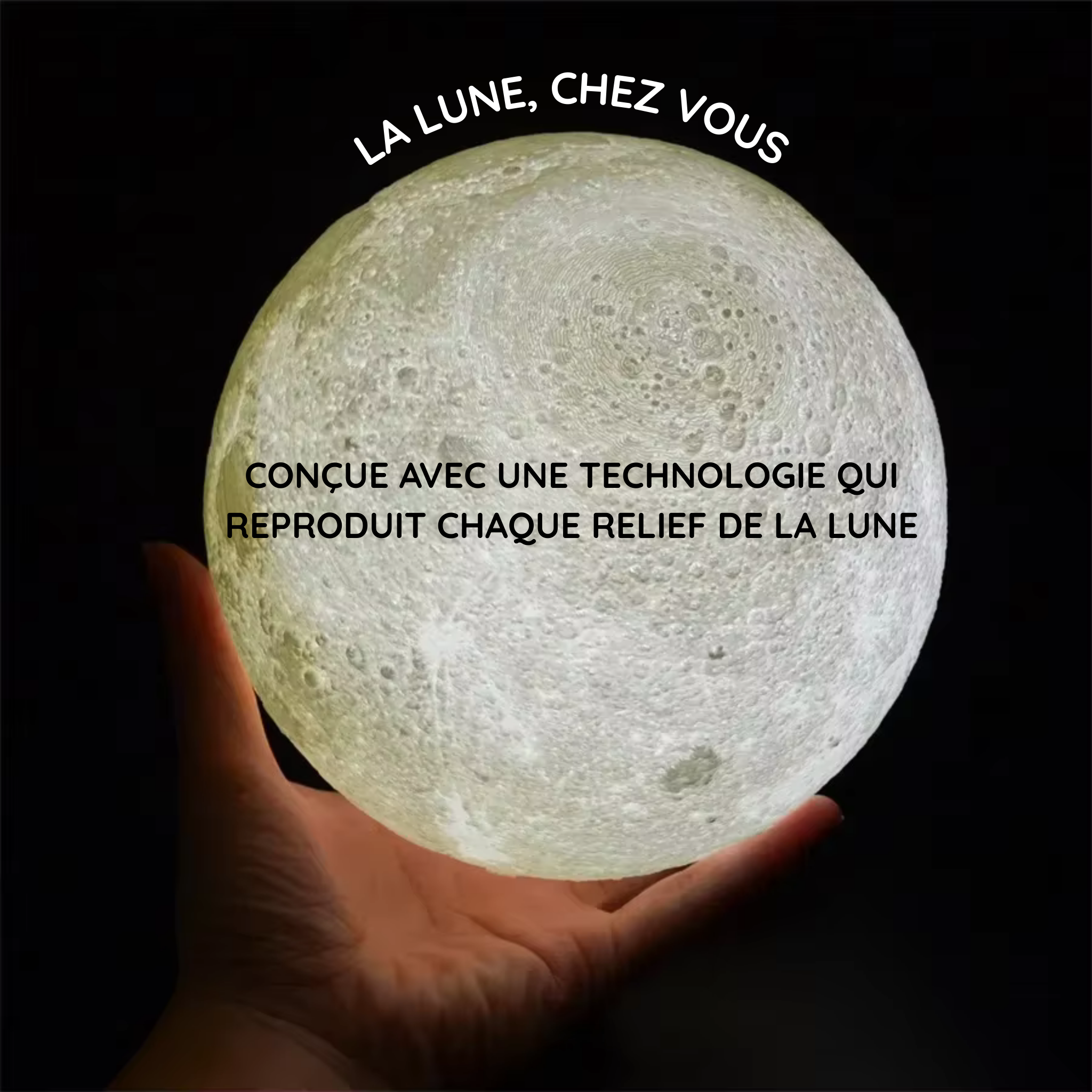 Veilleuse Lune 3D  – Lumière réglable, batterie rechargeable, impression 3D réaliste