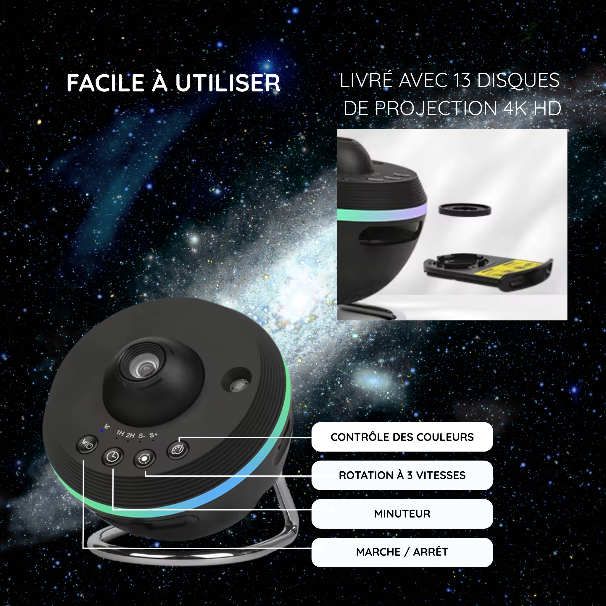 Projecteur Ciel Étoilé HD – 13 Diapositives, Rotation 360°, Chambre Enfant / Décoration