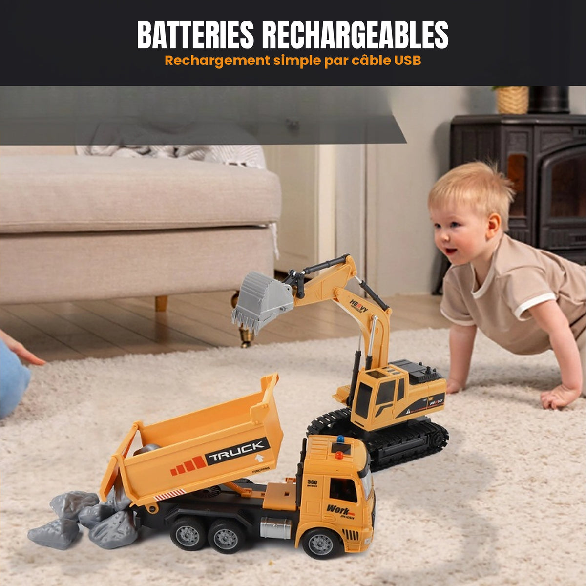 voiture télécommandé Pelleteuse et camion-benne pour enfants