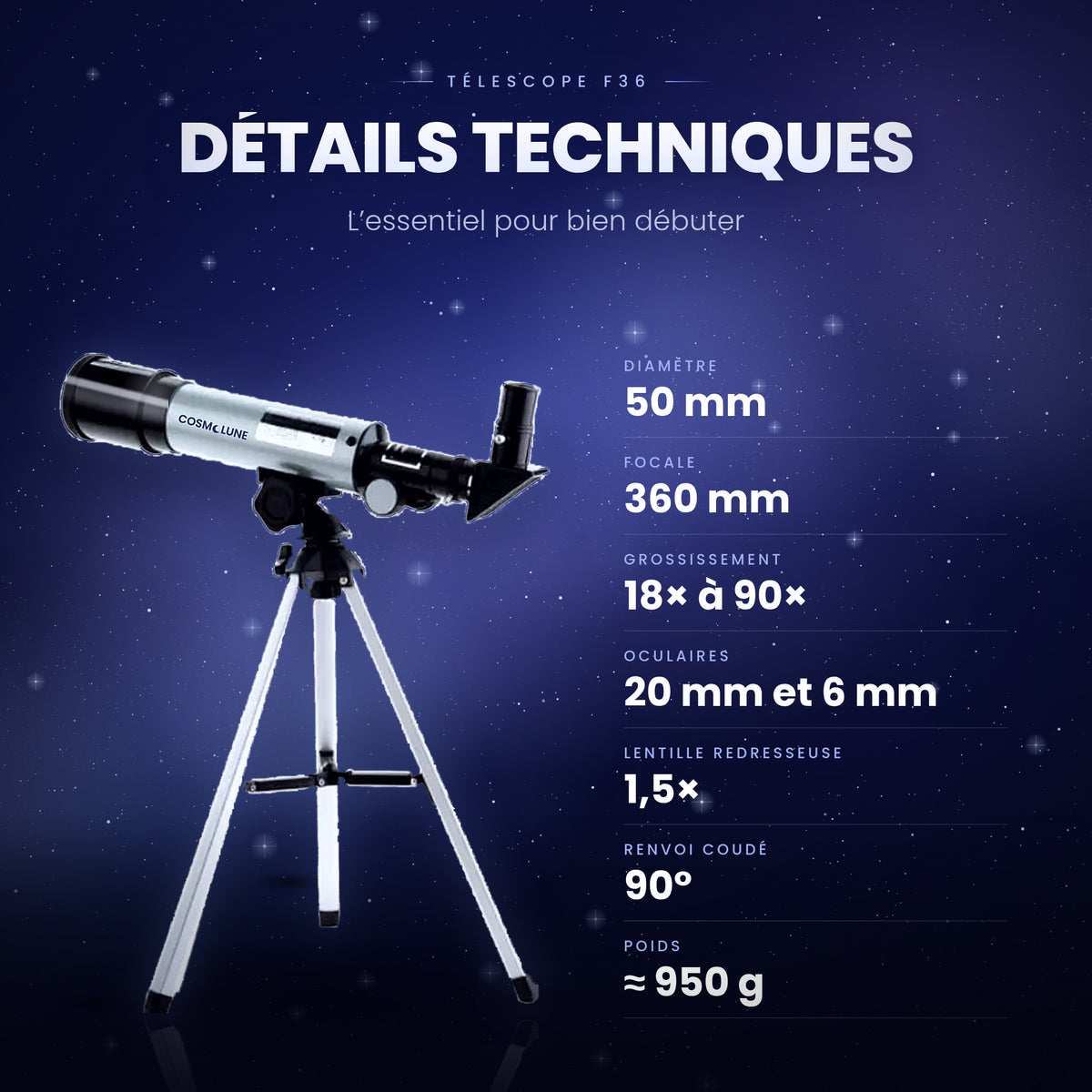 Télescope F36 : Lunette de Voyage pour Observer la Lune et les Planètes