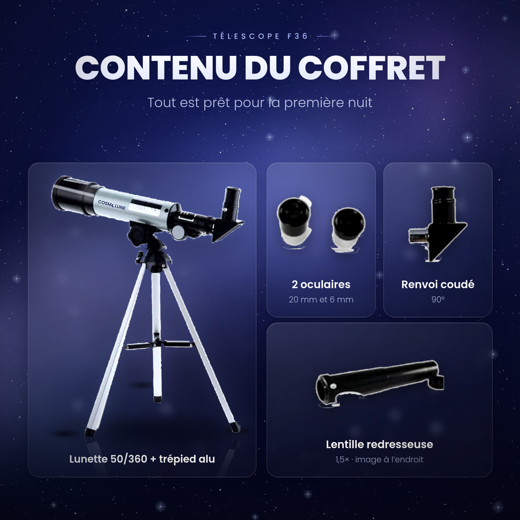 Télescope F36 : Lunette de Voyage pour Observer la Lune et les Planètes