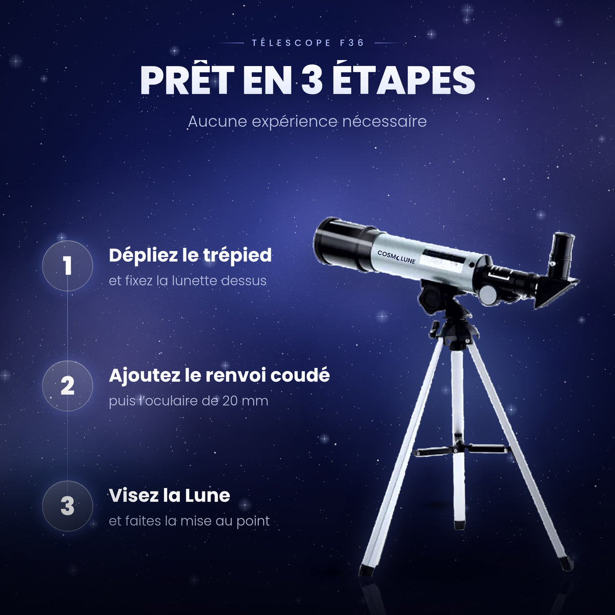Télescope F36 : Lunette de Voyage pour Observer la Lune et les Planètes