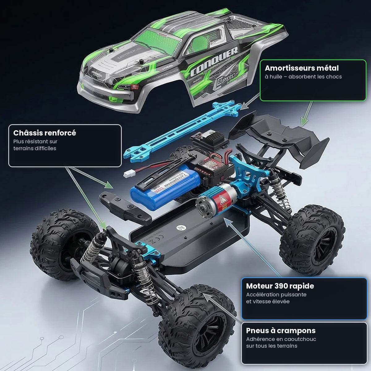 Voiture RC verte 50 km/h – Monster Truck Tout Terrain