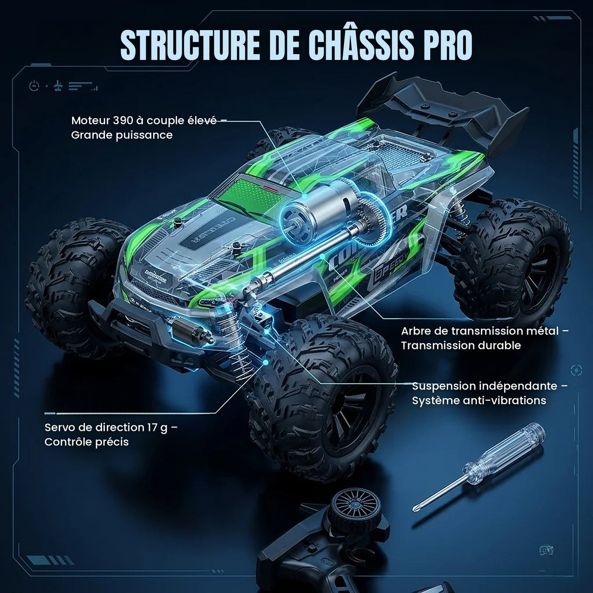Voiture RC verte 50 km/h – Monster Truck Tout Terrain