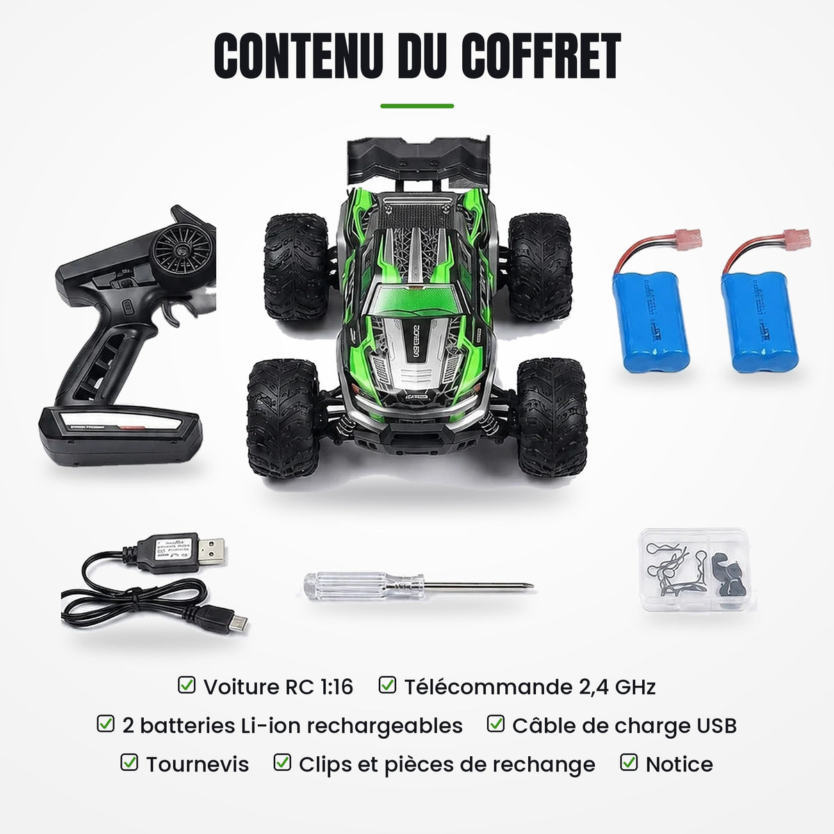 Voiture RC verte 50 km/h – Monster Truck Tout Terrain