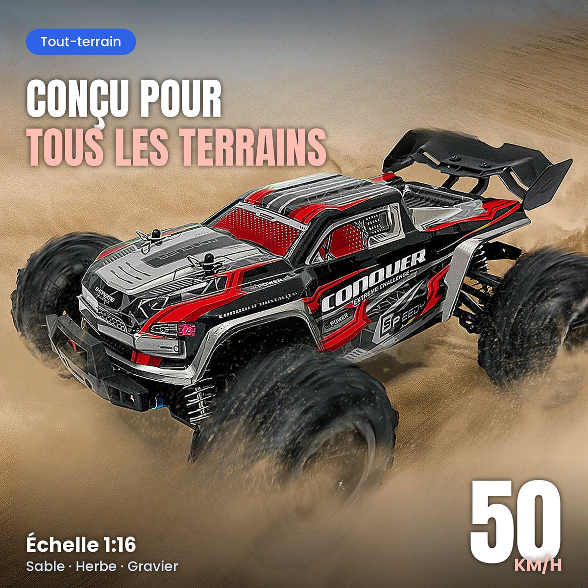 Voiture RC ROUGE 50 km/h – Monster Truck Tout Terrain