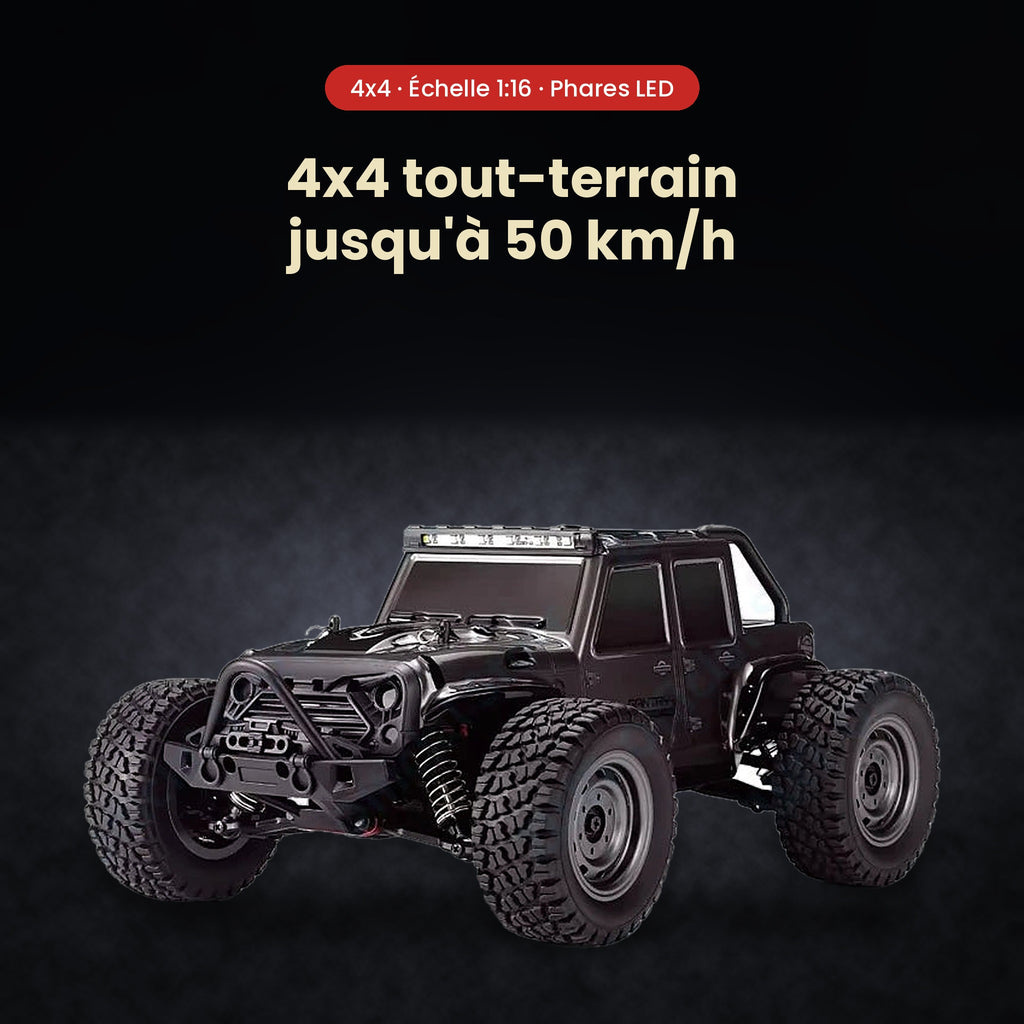 4x4 télécommandé tout-terrain 1:16, phares LED, jusqu’à 50 km/h