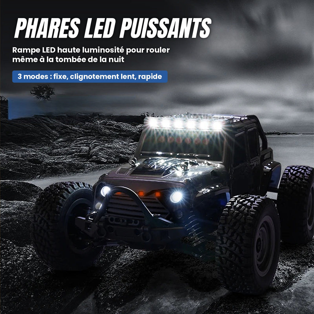 4x4 télécommandé tout-terrain 1:16, phares LED, jusqu’à 50 km/h