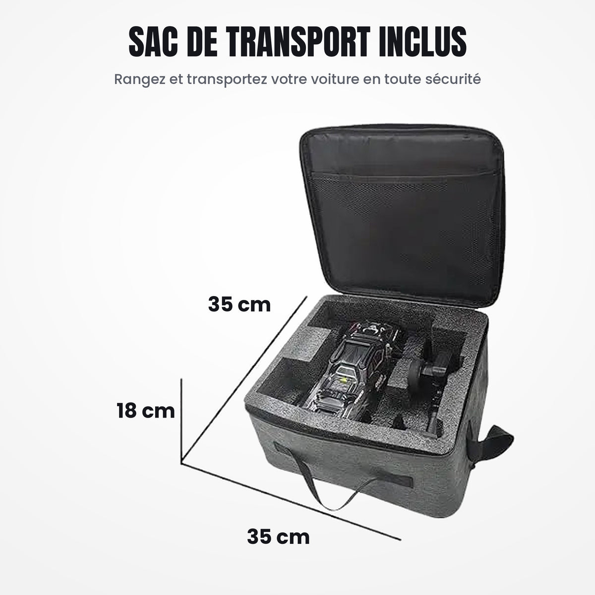 Voiture RC 1:16 – 80 km/h, pack 3 batteries + sac