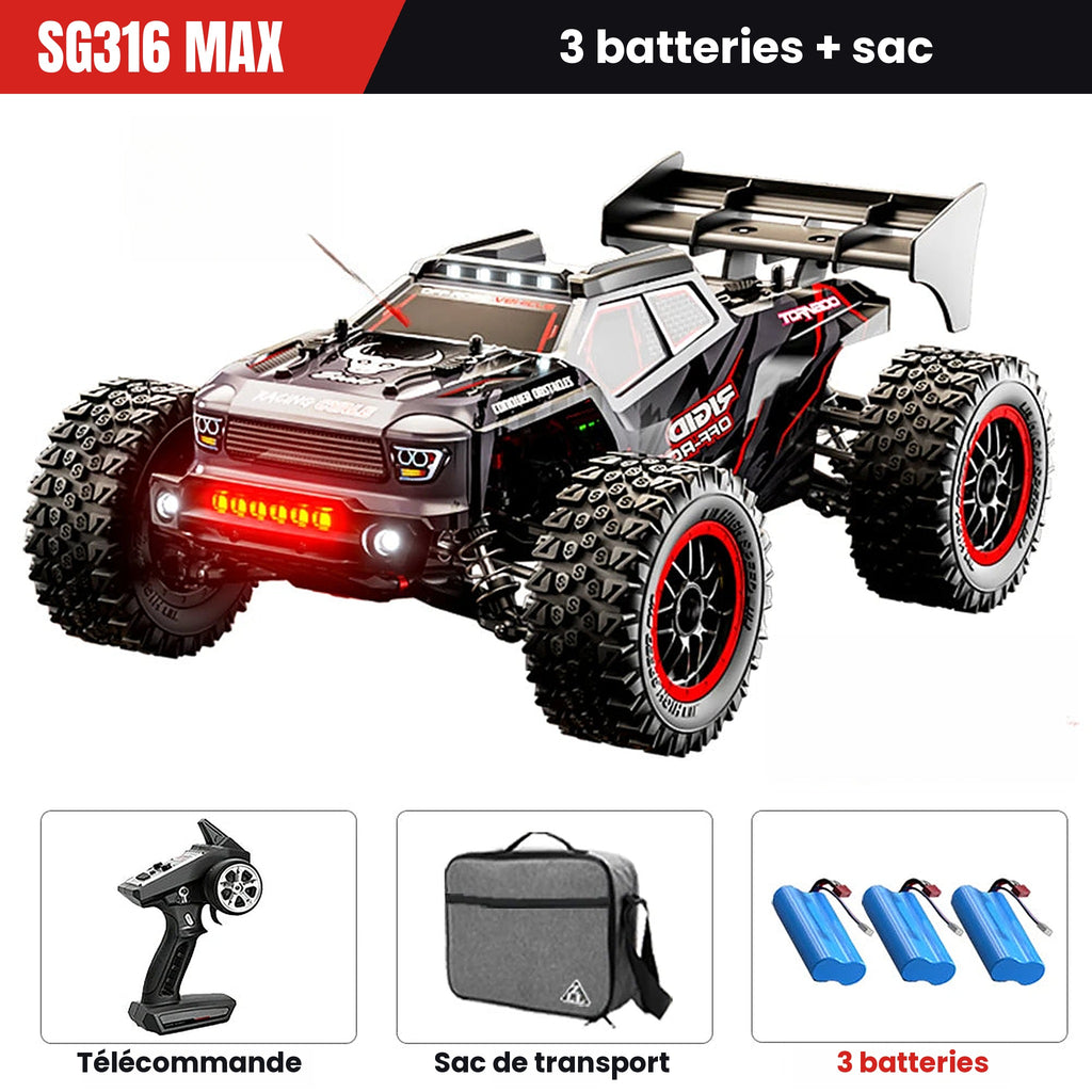 Voiture RC 1:16 – 80 km/h, pack 3 batteries + sac