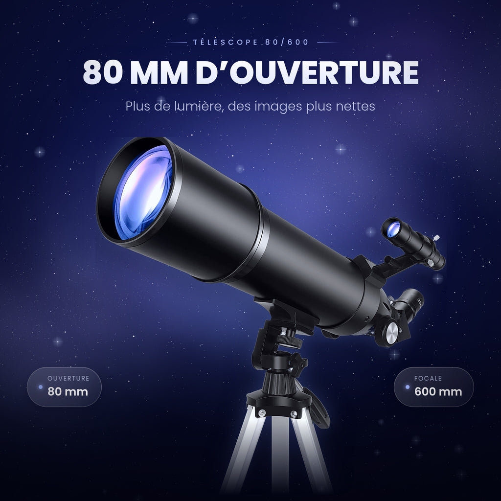 Télescope 80/600 – Lunette Astronomique 80 mm pour observer la Lune et les Planètes