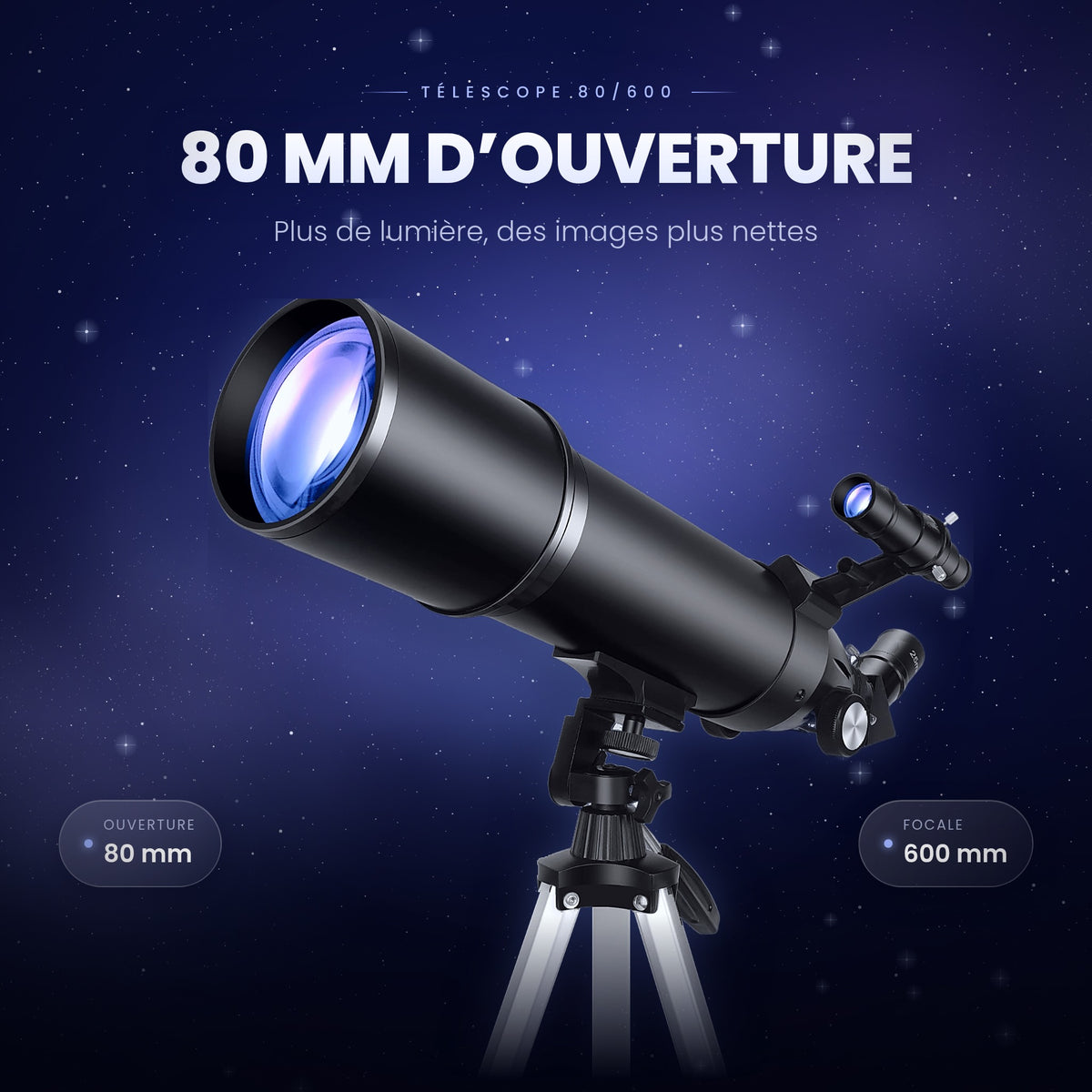Télescope 80/600 – Lunette Astronomique 80 mm pour observer la Lune et les Planètes
