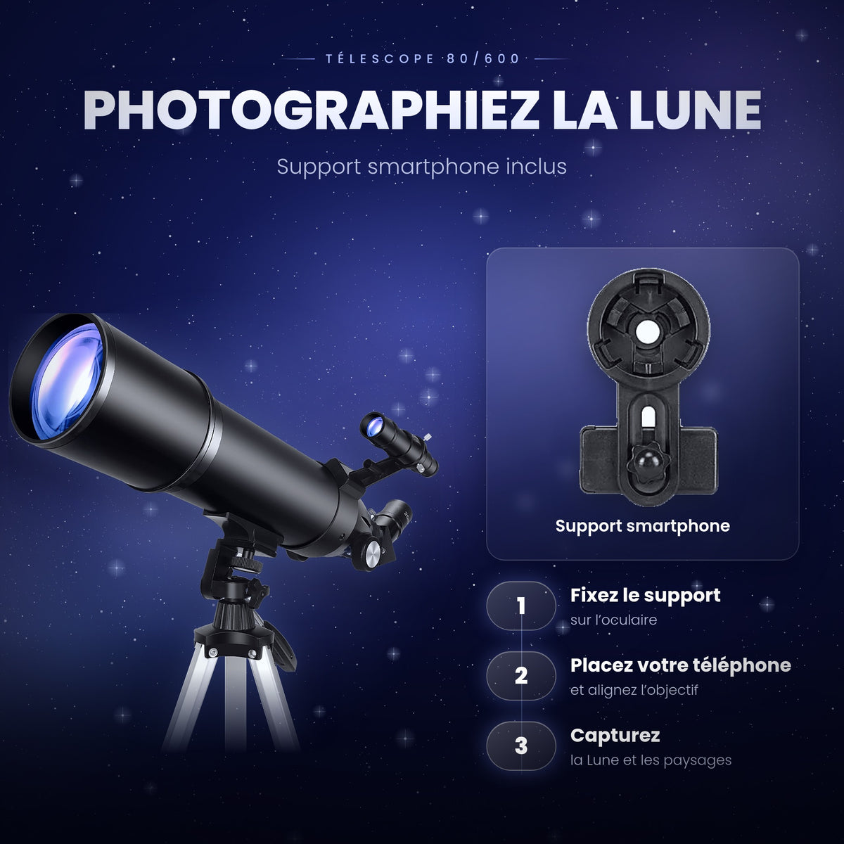 Télescope 80/600 – Lunette Astronomique 80 mm pour observer la Lune et les Planètes