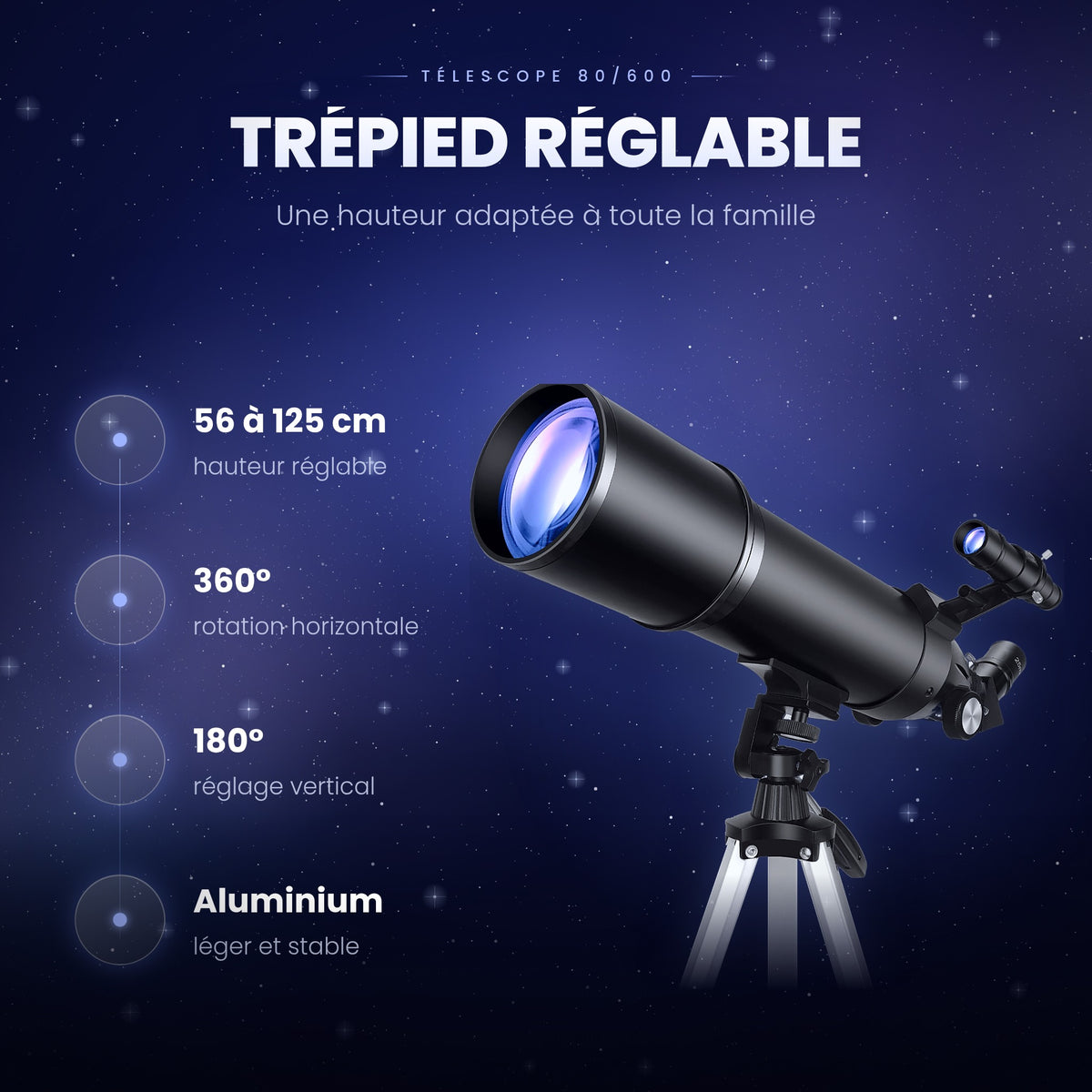 Télescope 80/600 – Lunette Astronomique 80 mm pour observer la Lune et les Planètes